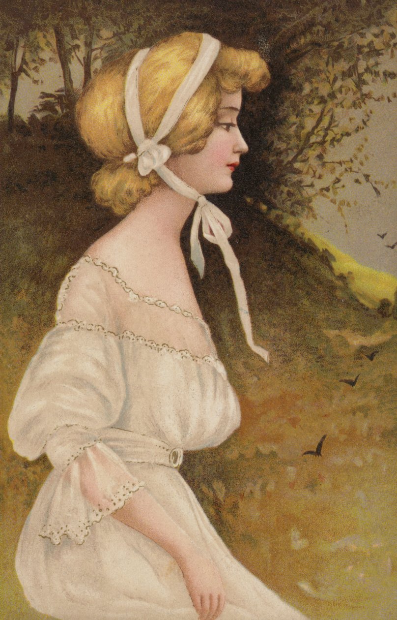 Profil kobiety w bieli (kolorowa litografia) autorstwa European School