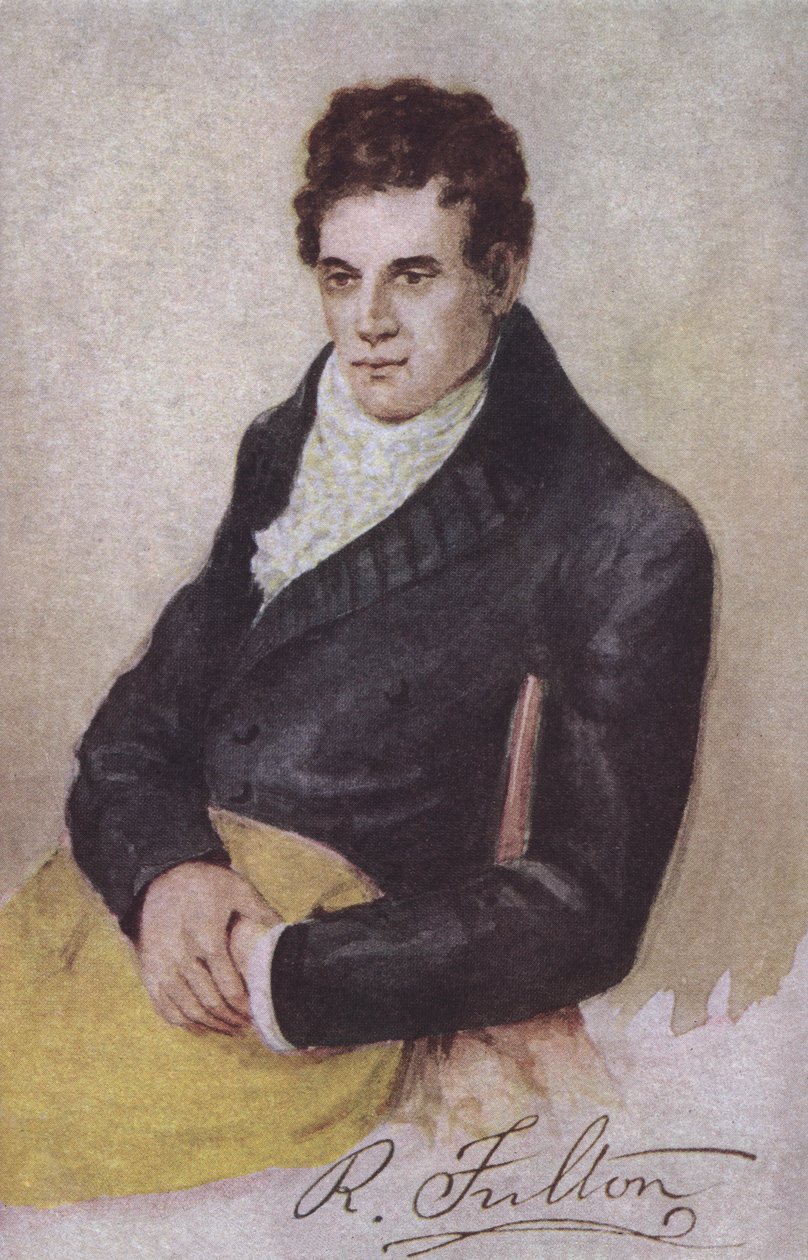 Robert Fulton, amerykański inżynier, wynalazca i pionier łodzi parowych (kolorowa litografia) autorstwa European School