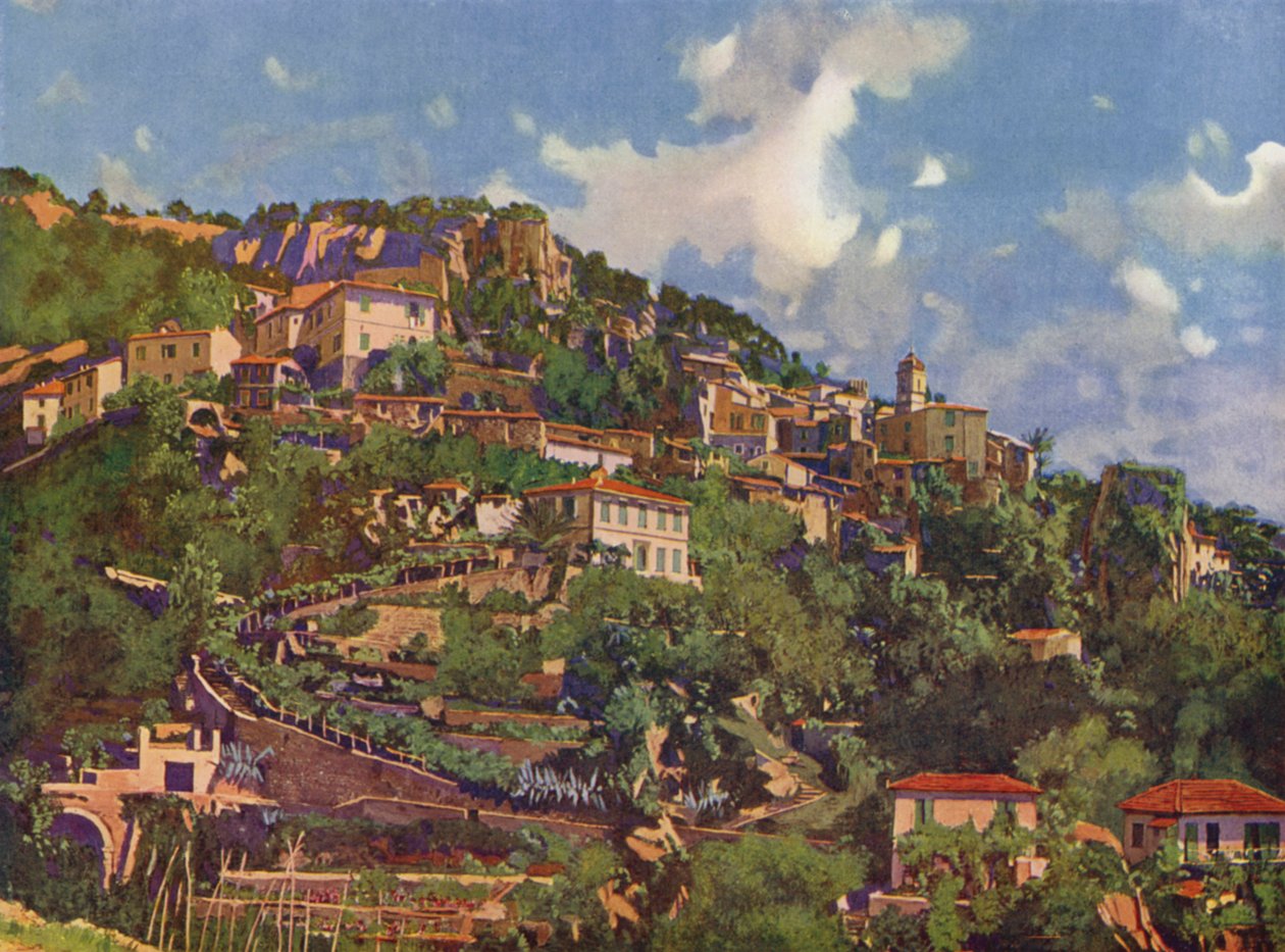 Roquebrune, widok ogólny (litografia kolorowa) autorstwa European School