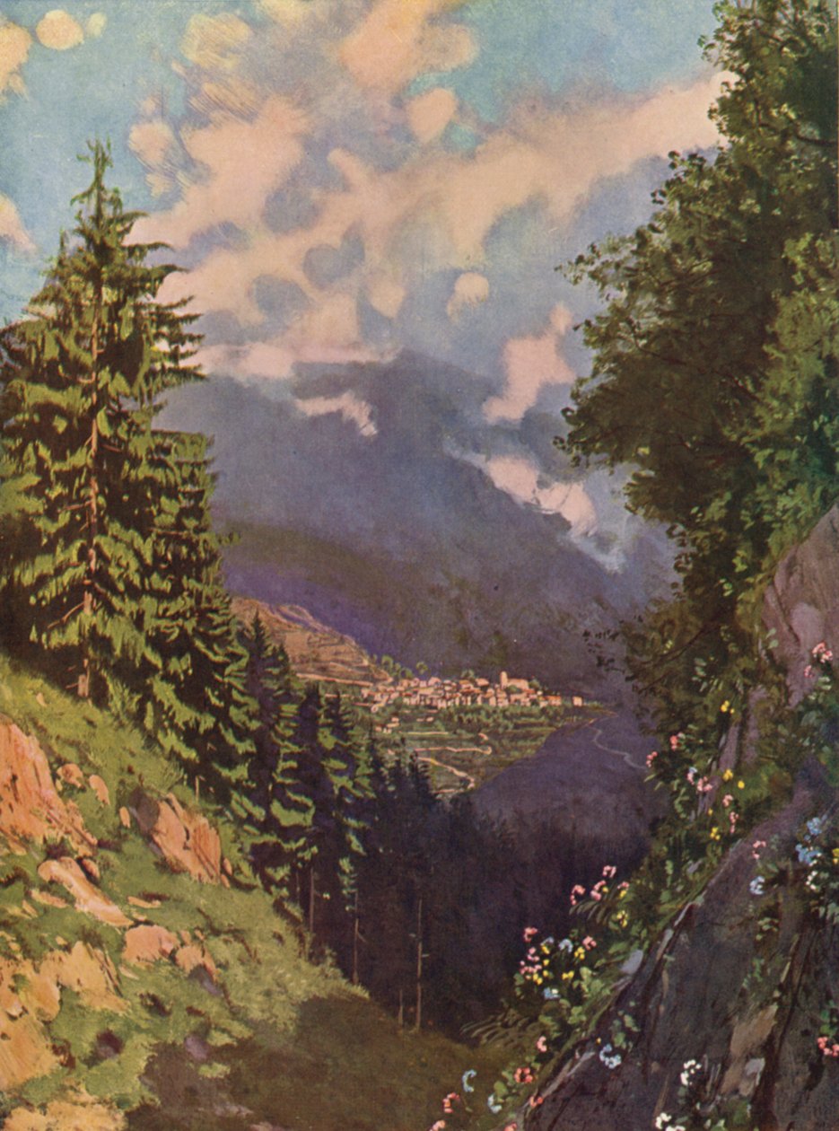 Saint-Martin-Vesubie, widok ogólny (litografia kolorowa) autorstwa European School
