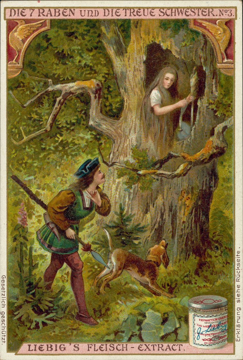 Scena z baśni braci Grimm Siedem kruków (chromolitografia) autorstwa European School