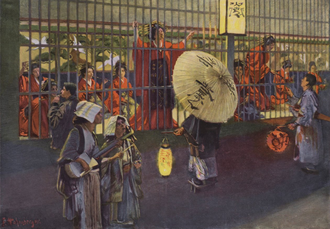 Scena w dzielnicy Yoshiwara w Tokio, Japonia (kolorowa litografia) autorstwa European School