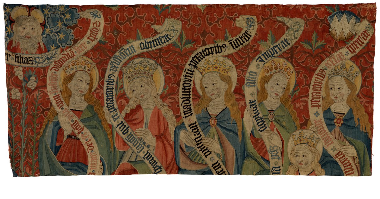 Fragment gobelinu przedstawiający Wszechmogącego i sześć świętych kobiet, prawdopodobnie z antepedium, koniec XV w. (wełna) autorstwa European School