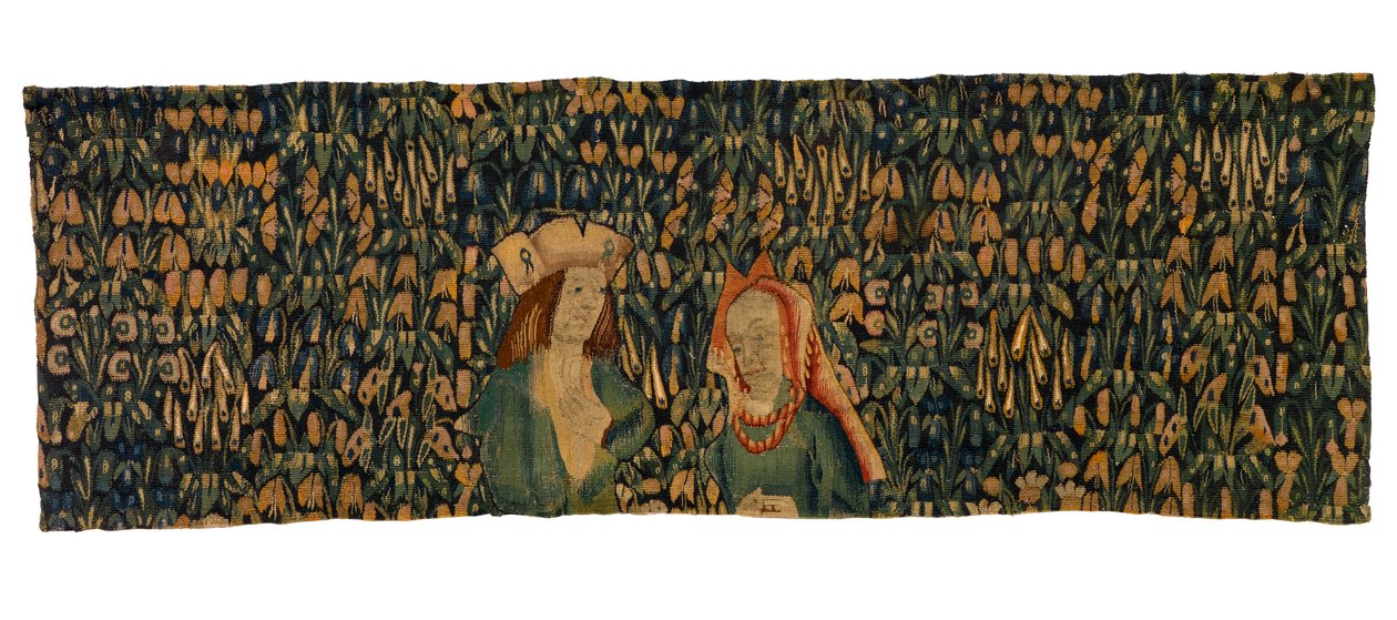 Fragment gobelinu Mille Fleurs przedstawiający parę (wełna) autorstwa European School