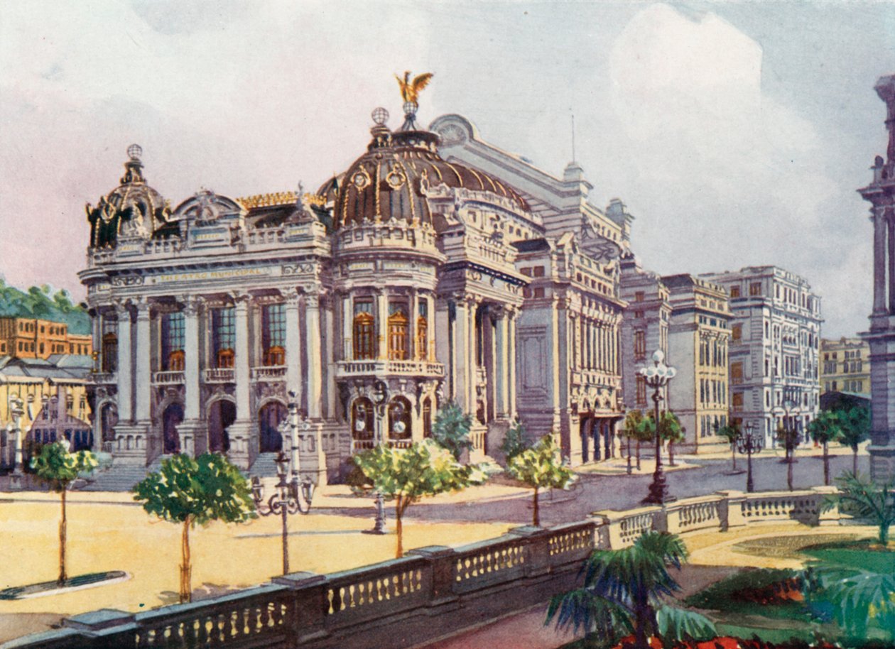 Teatr Miejski, Avenida Rio Branco (kolorowa litografia) autorstwa European School