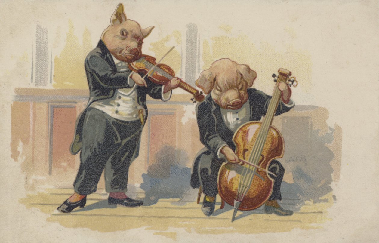 Dwie świnie grające na instrumentach muzycznych (kolorowa litografia) autorstwa European School