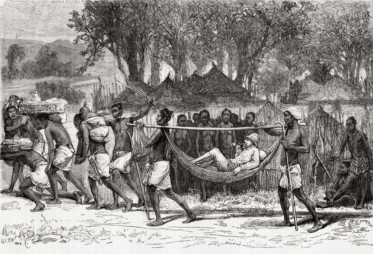 Verney Lovett Cameron przybywający do wioski Oulonnda, Afryka, 1878 (drewno) autorstwa European School