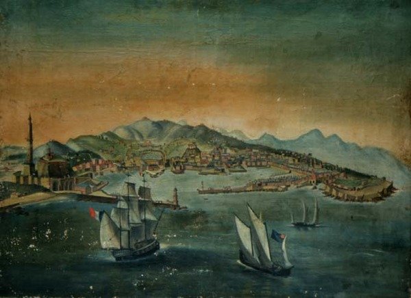 Widok portu z latarnią morską na cyplu, ok. 1800 autorstwa European School