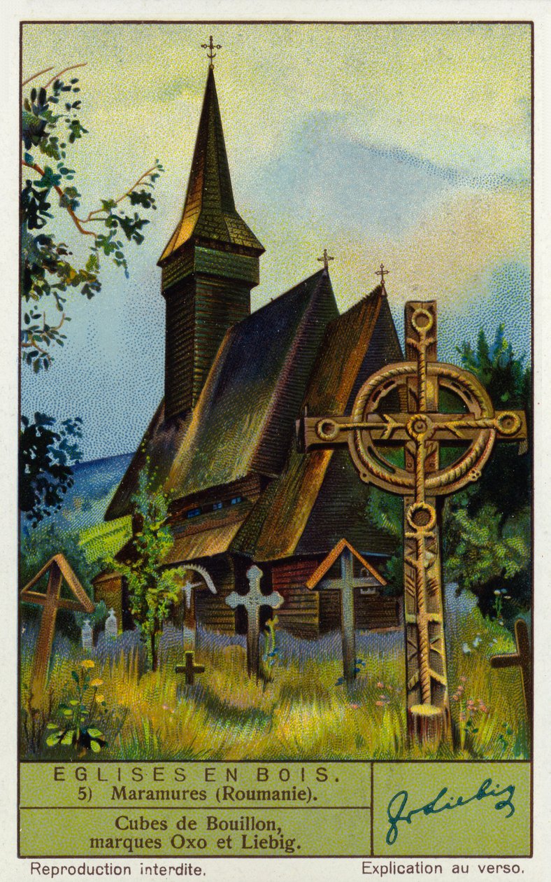 Drewniany kościół, Maramures, północna Rumunia (chromolitho) autorstwa European School