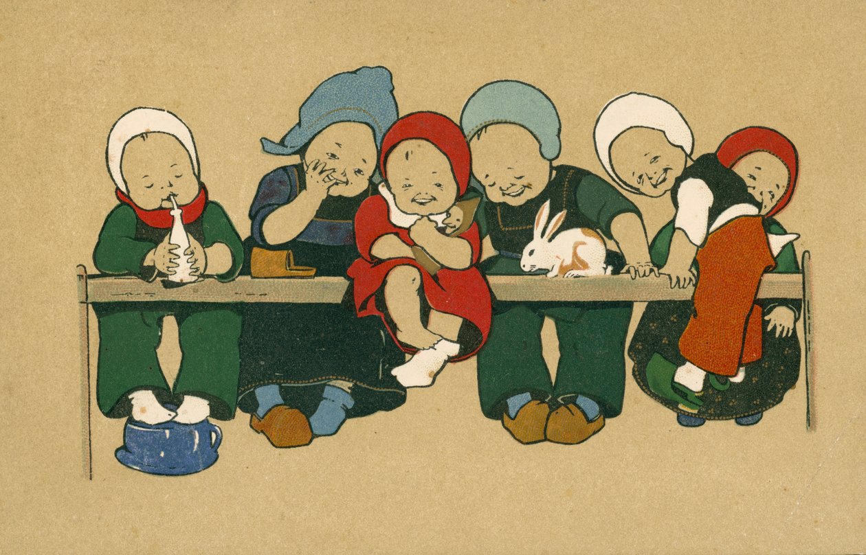 Małe holenderskie dzieci w kostiumach (kolorowa litografia) autorstwa European School