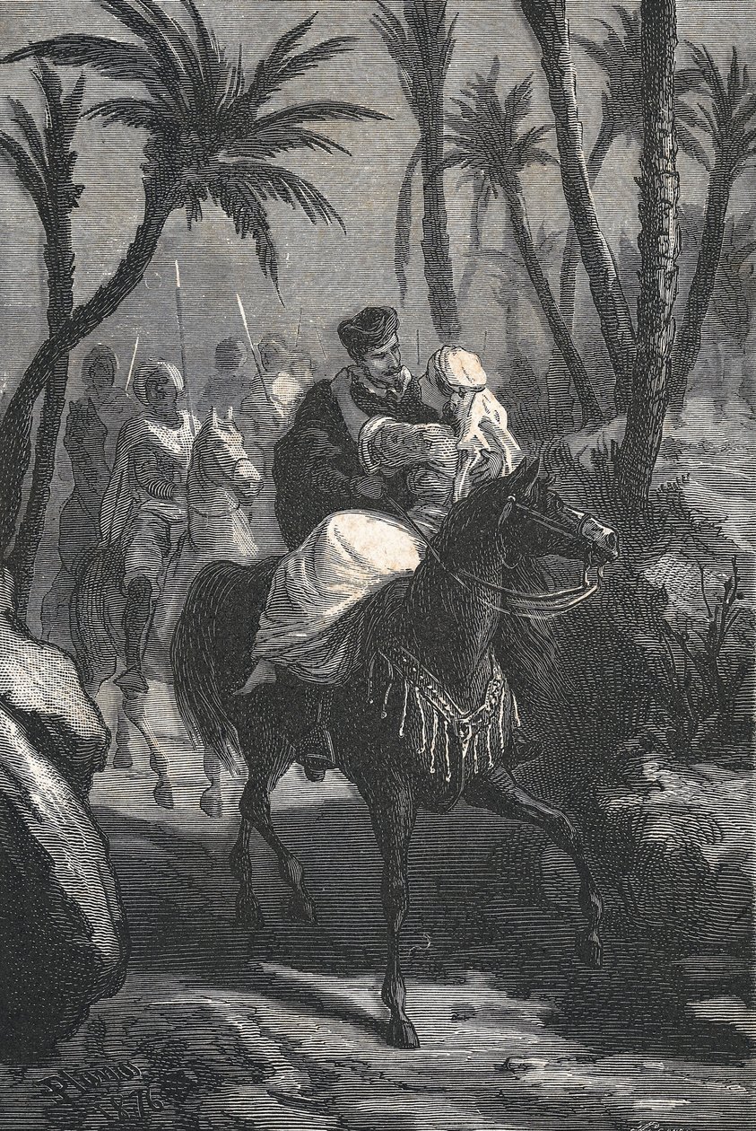 Cervantes jedzie na koniu z kobietą w oazie autorstwa Eusebio Planas