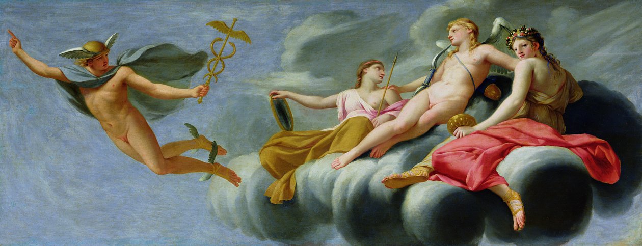 Kupidyn rozkazuje Merkuremu, posłańcowi Bogów, ogłosić Wszechświatowi Moc Miłości, 1646-47 autorstwa Eustache Le Sueur