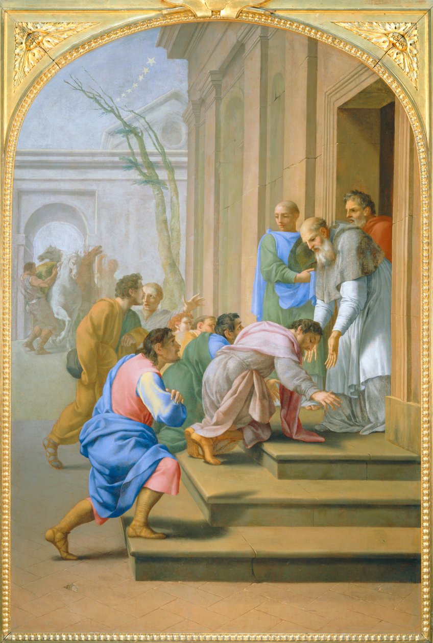 Arrivee de saint Bruno à Grenoble chez saint Hugues - Przybycie świętego Brunona do Grenoble do domu świętego Huguesa ... autorstwa Eustache (studio of) Le Sueur