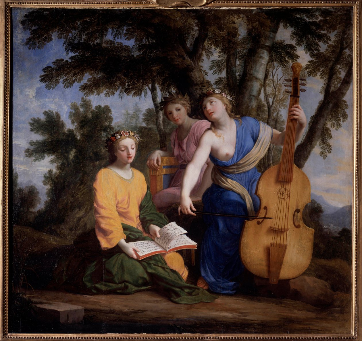 Przedstawienie trzech muz Melpomene, Erato i Polymnie (olej na płótnie) autorstwa Eustache (studio of) Le Sueur