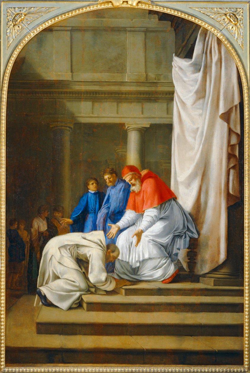 Saint Bruno aux pieds du pape Urbain II - Święty Brunon u stóp papieża Urbana II. 1645-1648 ... autorstwa Eustache (studio of) Le Sueur