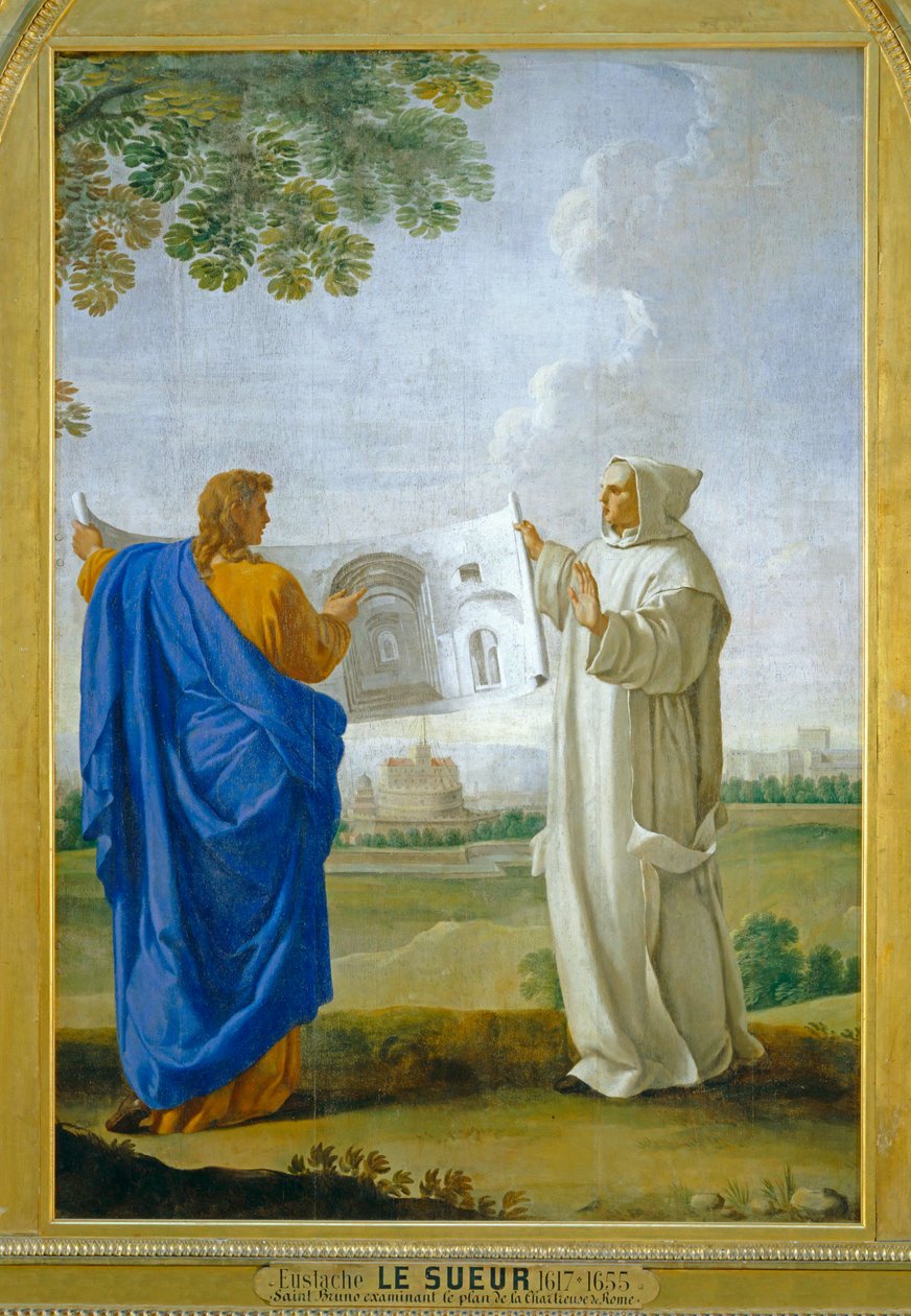 Święty Brunon bada rysunek term Dioklecjana, przyszłego miejsca, w którym miał powstać dom czartów w Rzymie ... autorstwa Eustache (studio of) Le Sueur