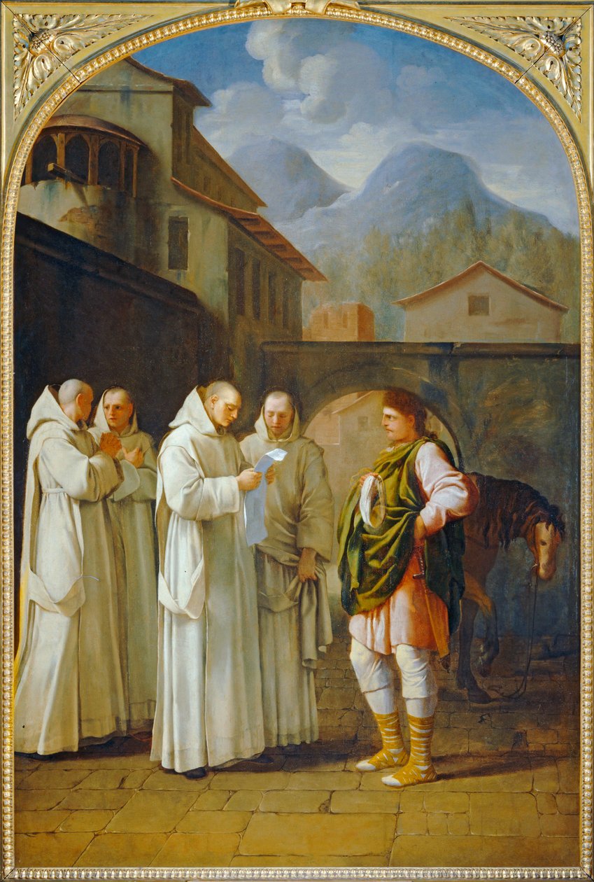 Saint Bruno recoit un messager du pape - Święty Bruno przyjmujący posłańca papieża. 1645-1648 ... autorstwa Eustache (studio of) Le Sueur