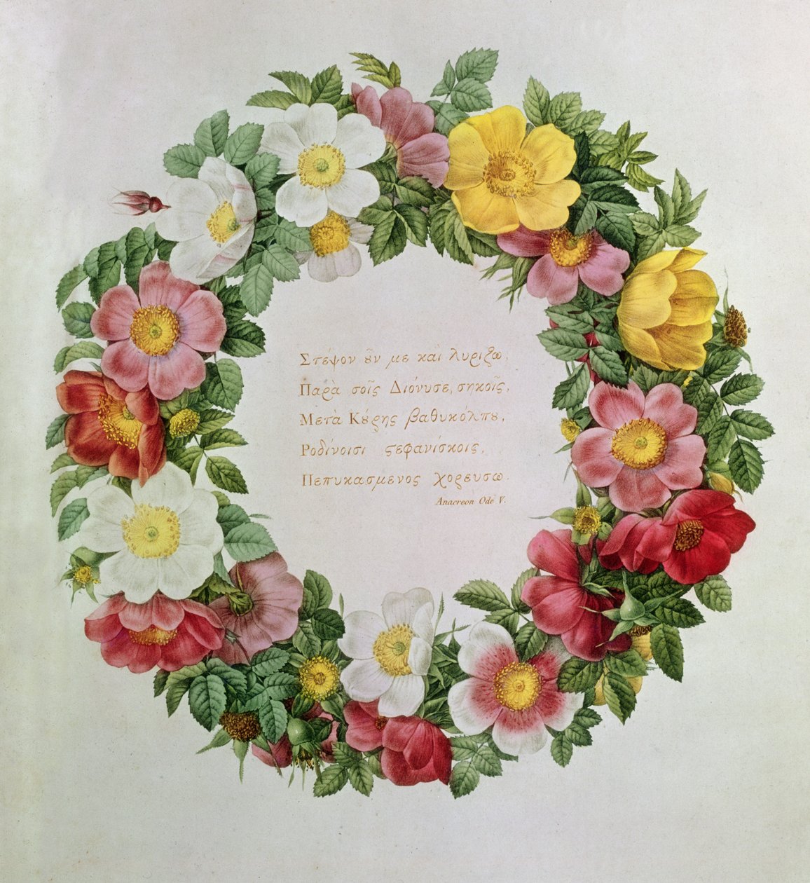 Claude-Antoine Thory Les roses, Frontispiece: Girlanda z epigrafem Ody V greckiego poety Anakreona, 1817 (litografia) autorstwa Eustache Hyacinthe Langlois