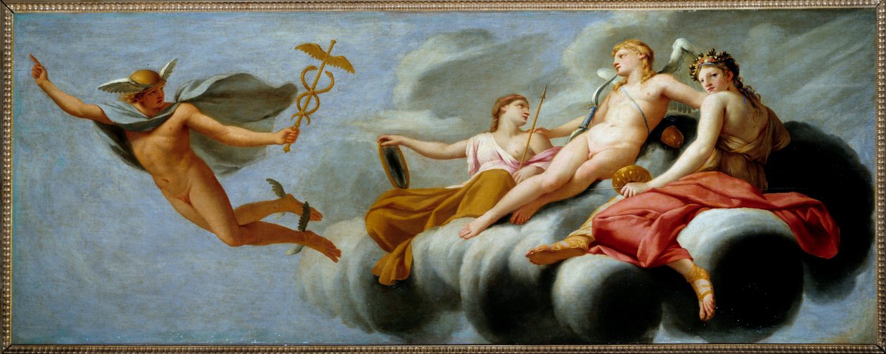 Kupidyn rozkazuje Merkuremu ogłosić swoją moc wszechświatowi, który Hermes utracił swój atrybut. Obraz Eustache Le Sueur (1617-1655) 1646 Nd. 1x2,5m . autorstwa Eustache Le Sueur