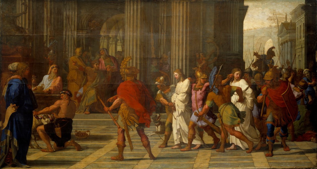 Św Gervais i święty Protais przyprowadzeni przed Astazjusza, odmawiają złożenia ofiary Jowiszowi autorstwa Eustache Le Sueur