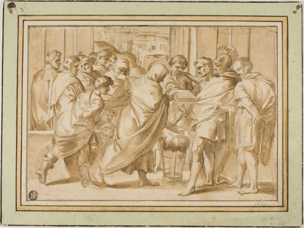 Scena z historii rzymskiej, z udrapowaną postacią przedstawiającą księgę władcy autorstwa Eustache Le Sueur