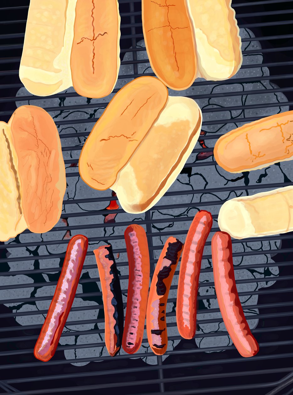 6 hot dogów na grillu, południowa strona Streef (grafika cyfrowa) autorstwa Evan Sklar