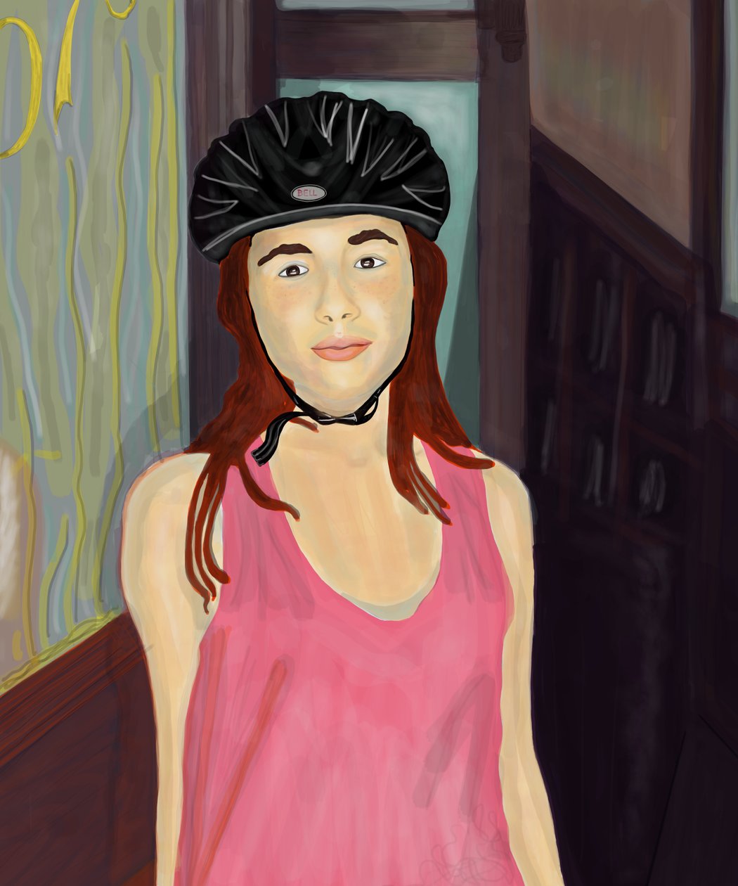 Ava w kasku rowerowym, Brooklyn (grafika cyfrowa) autorstwa Evan Sklar