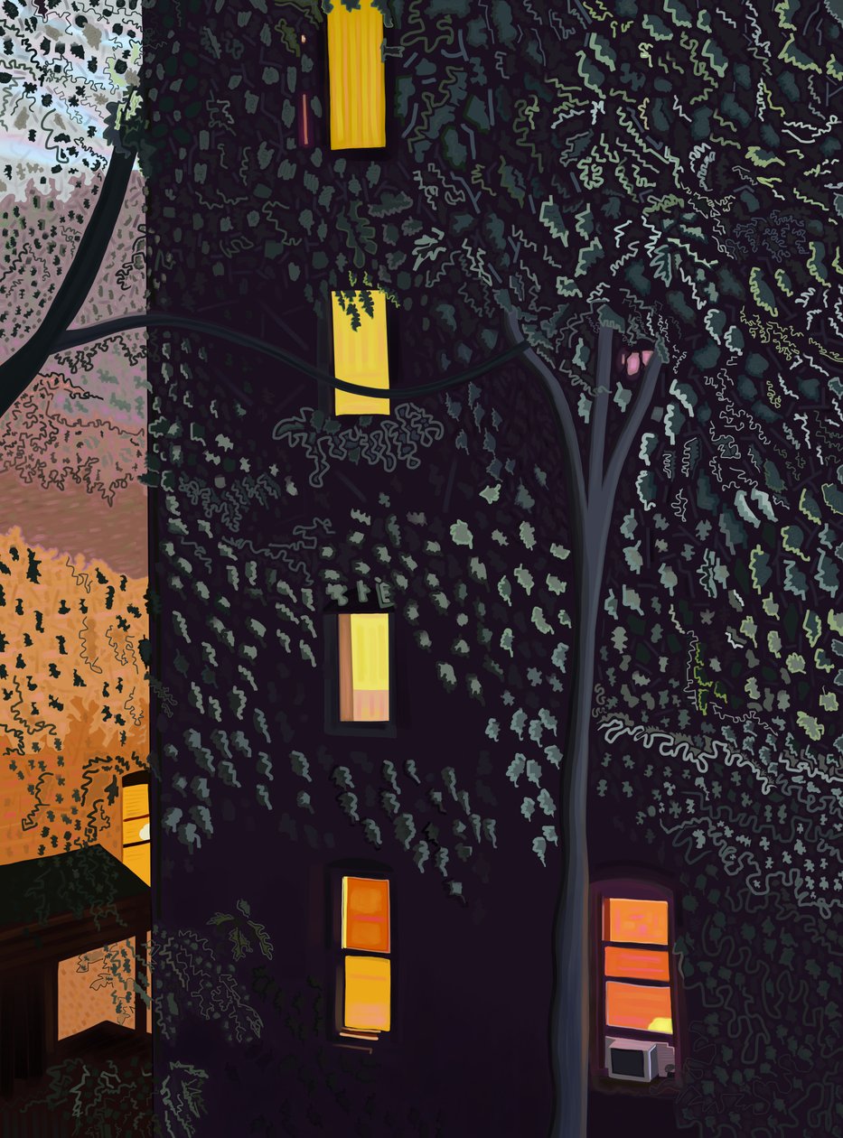 Tyły budynków w nocy Brooklyn (grafika cyfrowa) autorstwa Evan Sklar
