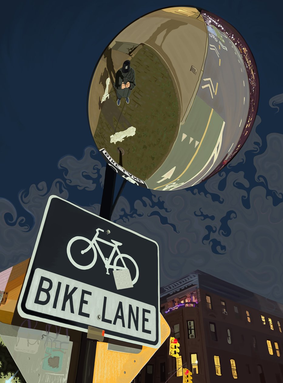 Znak pasa rowerowego, Prospect Park (grafika cyfrowa) autorstwa Evan Sklar