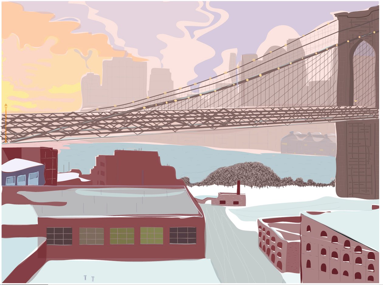 Brooklyn Bridge, Clearing Storm, 2015 (narysowane ręcznie na iPadzie ołówkiem Apple) autorstwa Evan Sklar