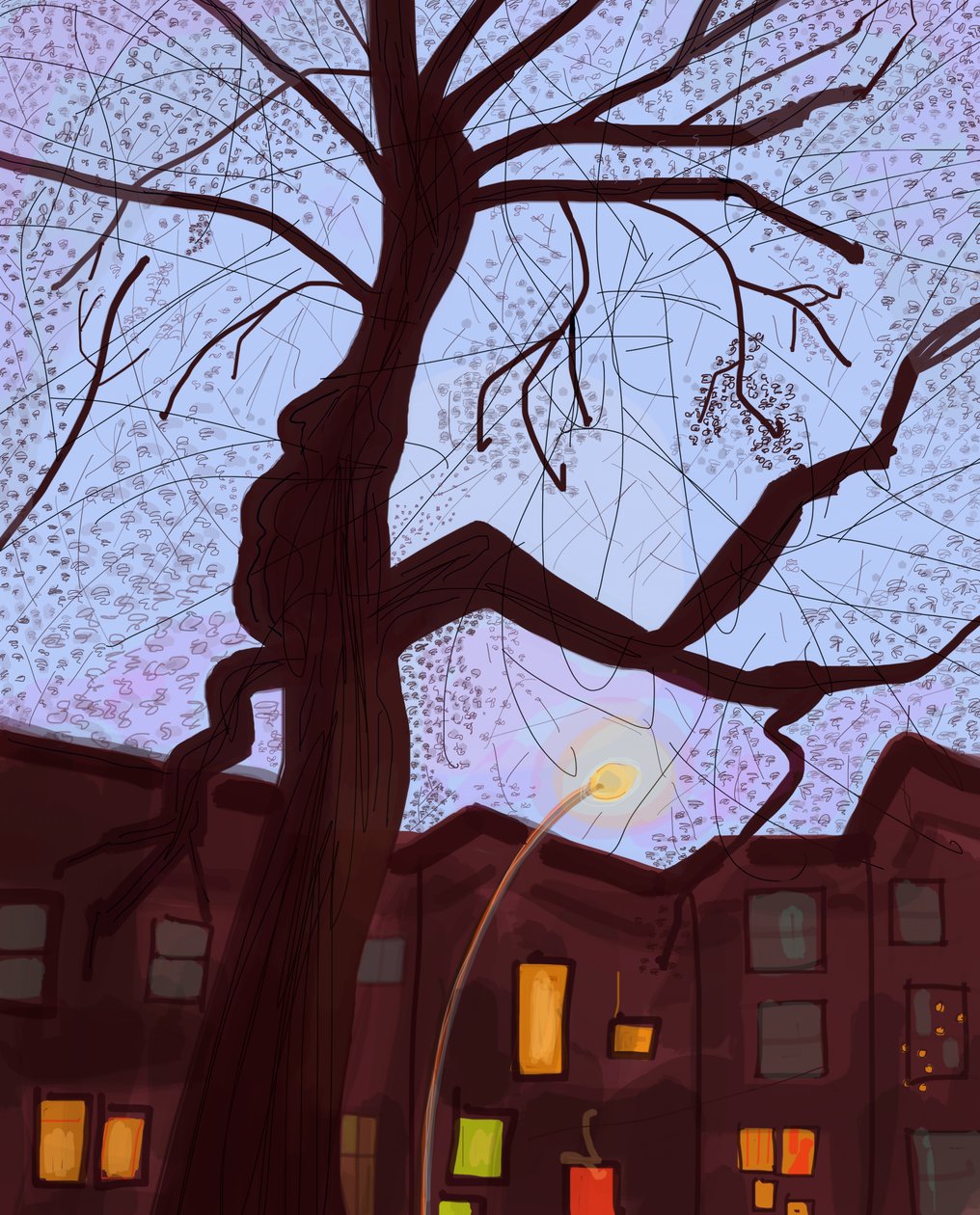 Brooklyn Brownstone Street At Dusk, 2016 (narysowane ręcznie na iPadzie ołówkiem Apple) autorstwa Evan Sklar