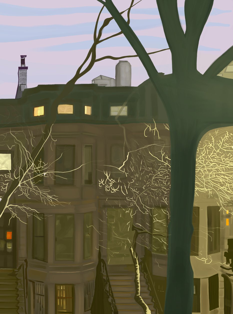 Brownstone nocą (grafika cyfrowa) autorstwa Evan Sklar