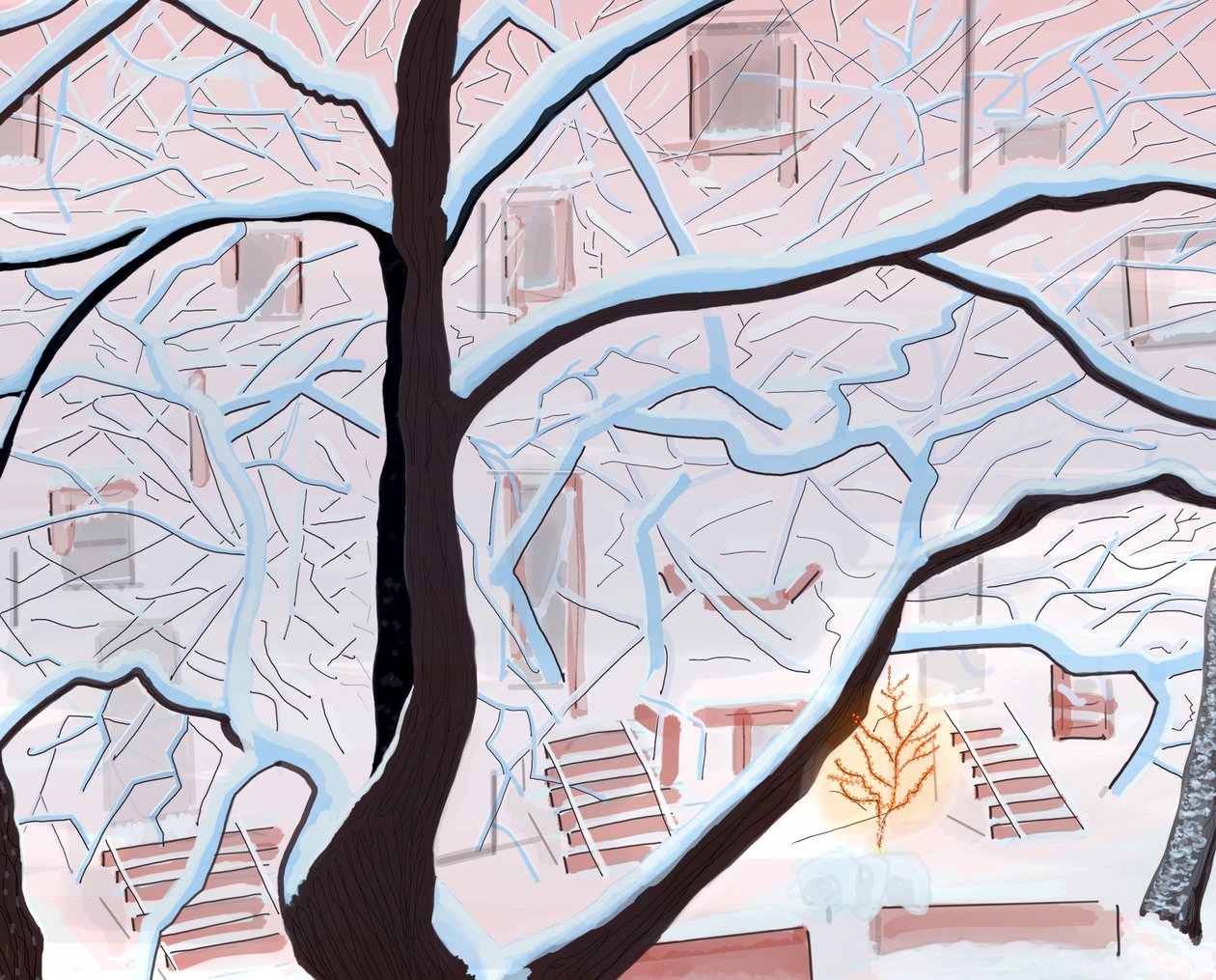 Kamienice w śniegu , Brooklyn (grafika cyfrowa) autorstwa Evan Sklar