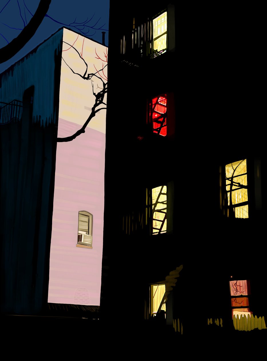 Kolorowe okna budynków mieszkalnych w nocy Brooklyn (grafika cyfrowa) autorstwa Evan Sklar