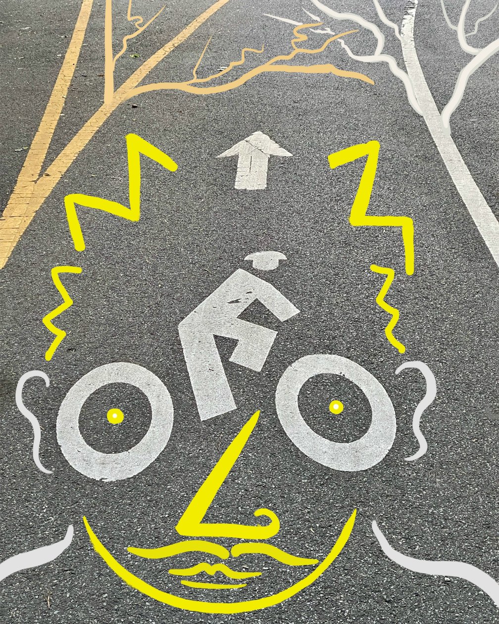 Rowerzysta i oznakowanie, ok. 2020-24 (grafika cyfrowa) autorstwa Evan Sklar