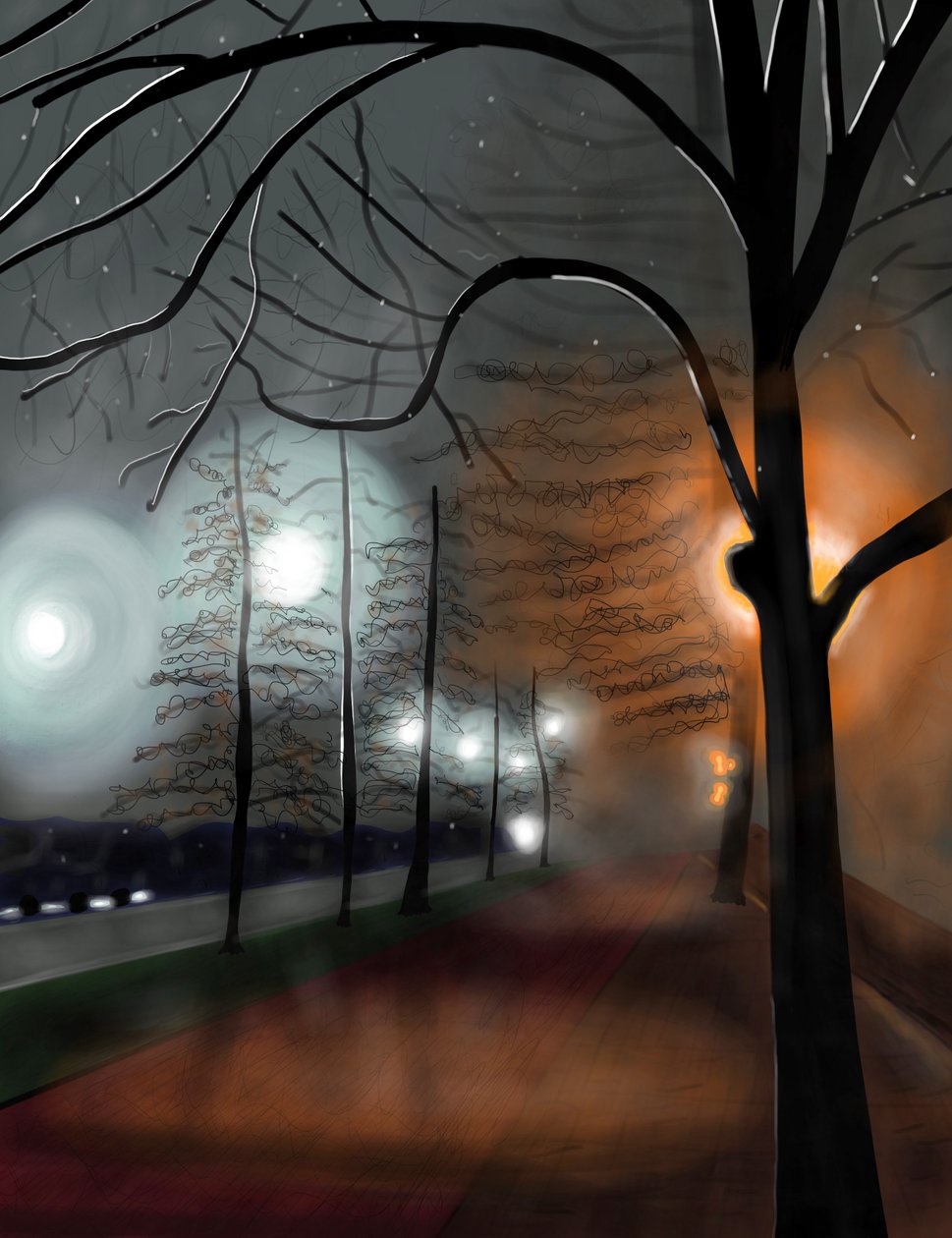 Mgła nocą, Prospect Park, Brooklyn (grafika cyfrowa) autorstwa Evan Sklar
