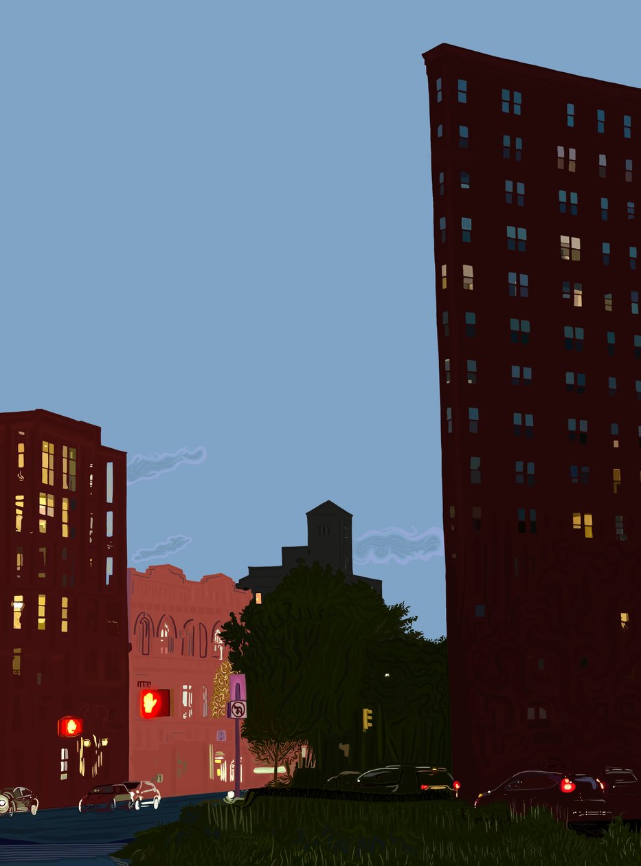 Grand Army Plaza o zmierzchu, ok. 2020-24 (grafika cyfrowa) autorstwa Evan Sklar