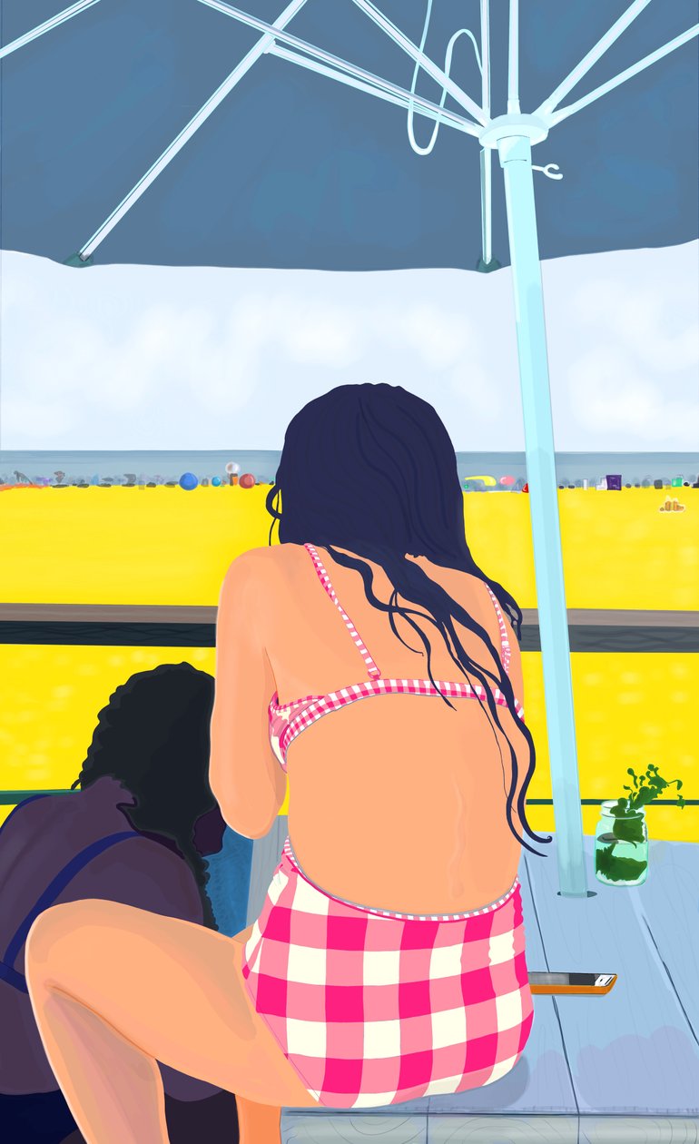Magenta Gingham na plaży Rockaway (grafika cyfrowa) autorstwa Evan Sklar