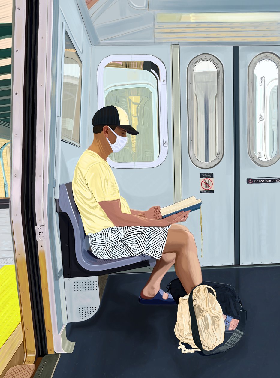 Mężczyzna w rozebranych szortach czytający książkę w metrze, ok. 2020-24 (grafika cyfrowa) autorstwa Evan Sklar