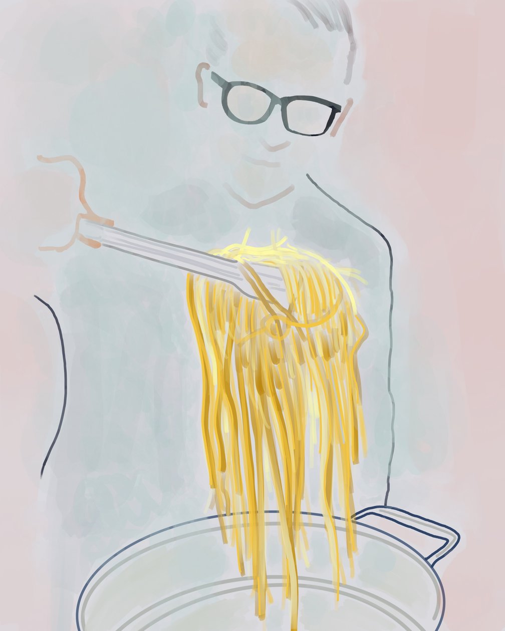 Mężczyzna wyciągający makaron z garnka, Brooklyn (grafika cyfrowa) autorstwa Evan Sklar