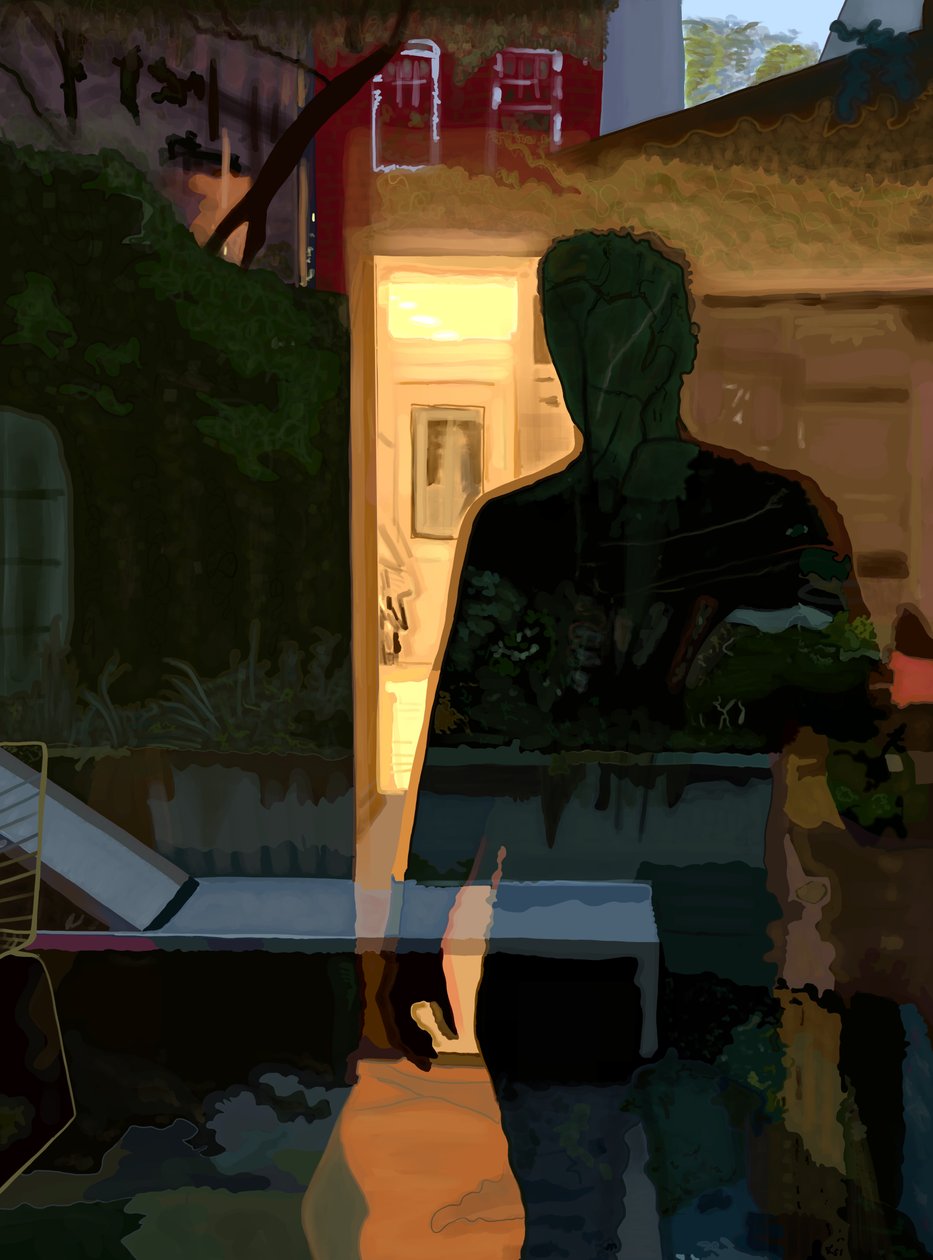 Człowiek odbijający się w oknie o świcie, Brooklyn (grafika cyfrowa) autorstwa Evan Sklar