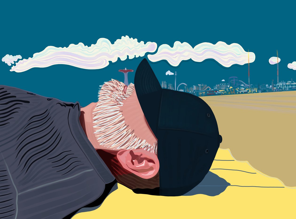 Mężczyzna z brodą na plaży Coney Island (grafika cyfrowa) autorstwa Evan Sklar
