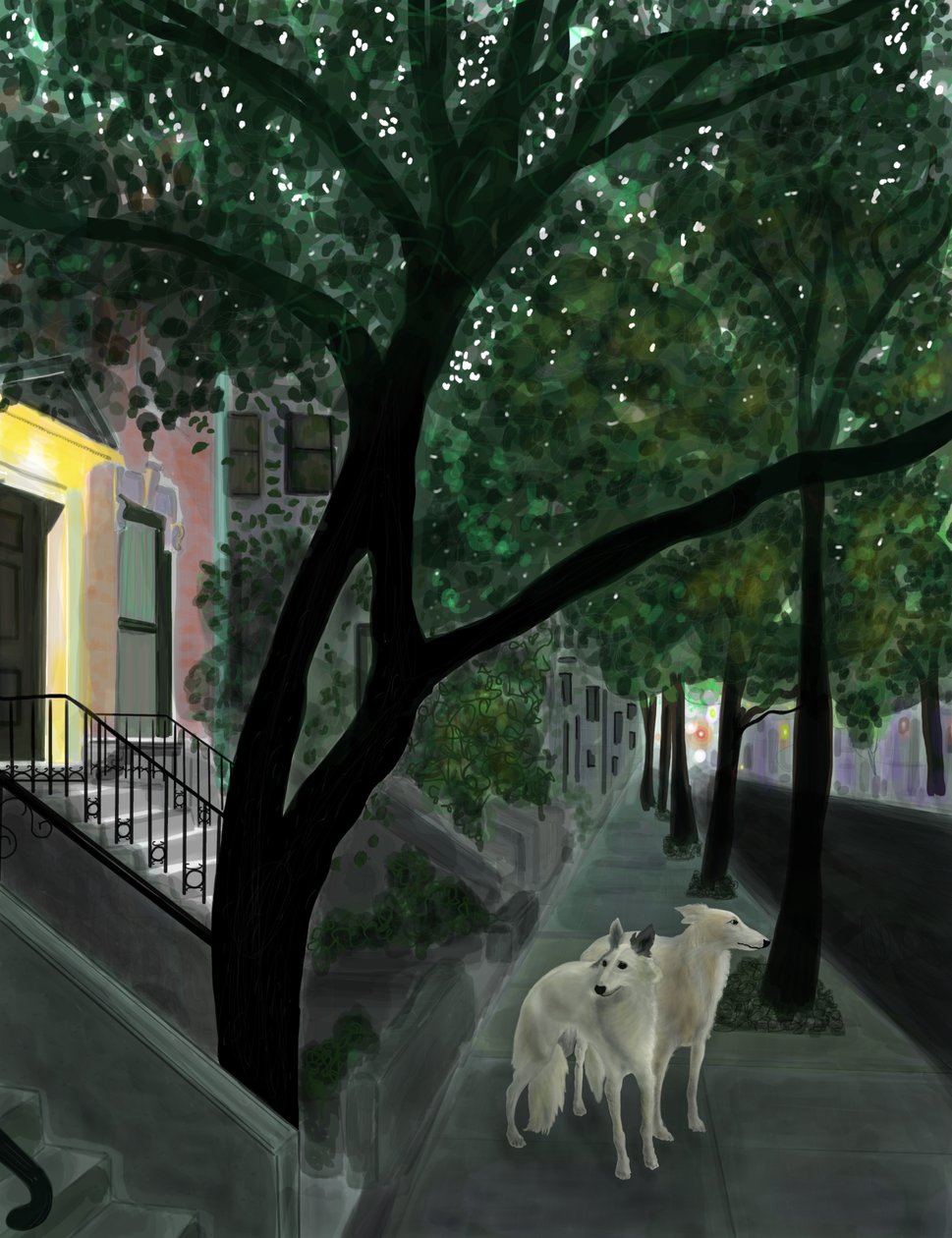 Minnie i Penny na chodniku, Brooklyn (grafika cyfrowa) autorstwa Evan Sklar