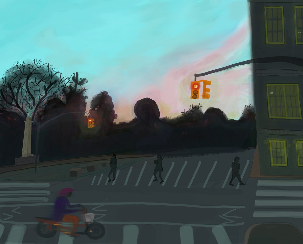 Pomarańczowy skuter, Grand Army Plaza, Brooklyn, 2016 (narysowany ręcznie na iPadzie ołówkiem Apple) autorstwa Evan Sklar
