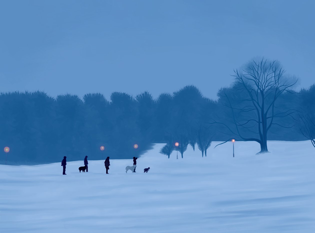 Ludzie i psy w śniegu w Prospect Park (grafika cyfrowa) autorstwa Evan Sklar
