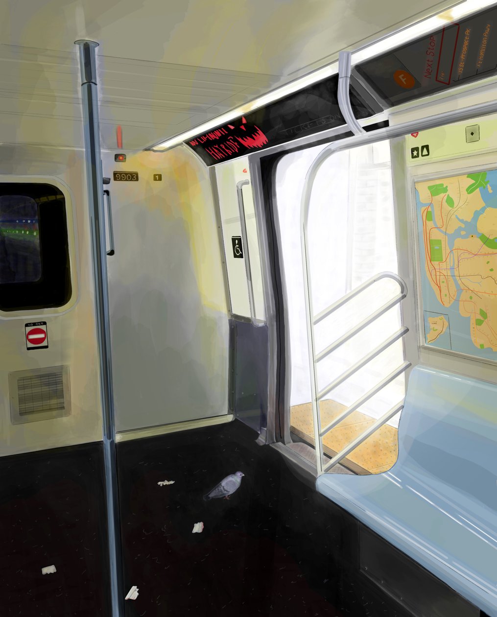 Gołąb w metrze (grafika cyfrowa) autorstwa Evan Sklar