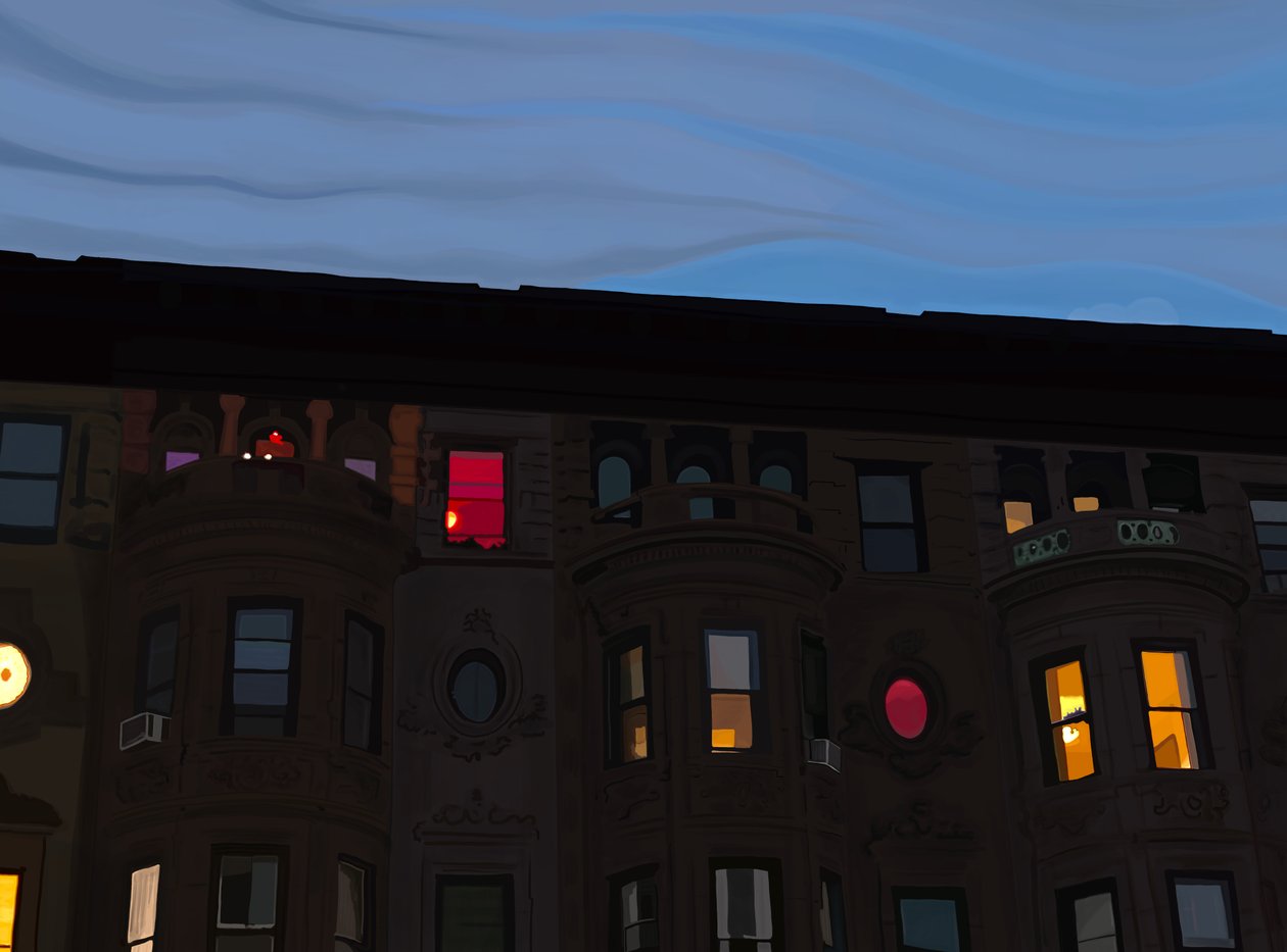 Domy szeregowe z kolorowymi i podświetlanymi oknami, Brooklyn (grafika cyfrowa) autorstwa Evan Sklar