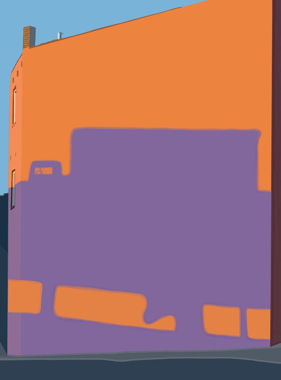 Cień ciężarówki z podwyższonej autostrady z boku budynku. (digital art) autorstwa Evan Sklar