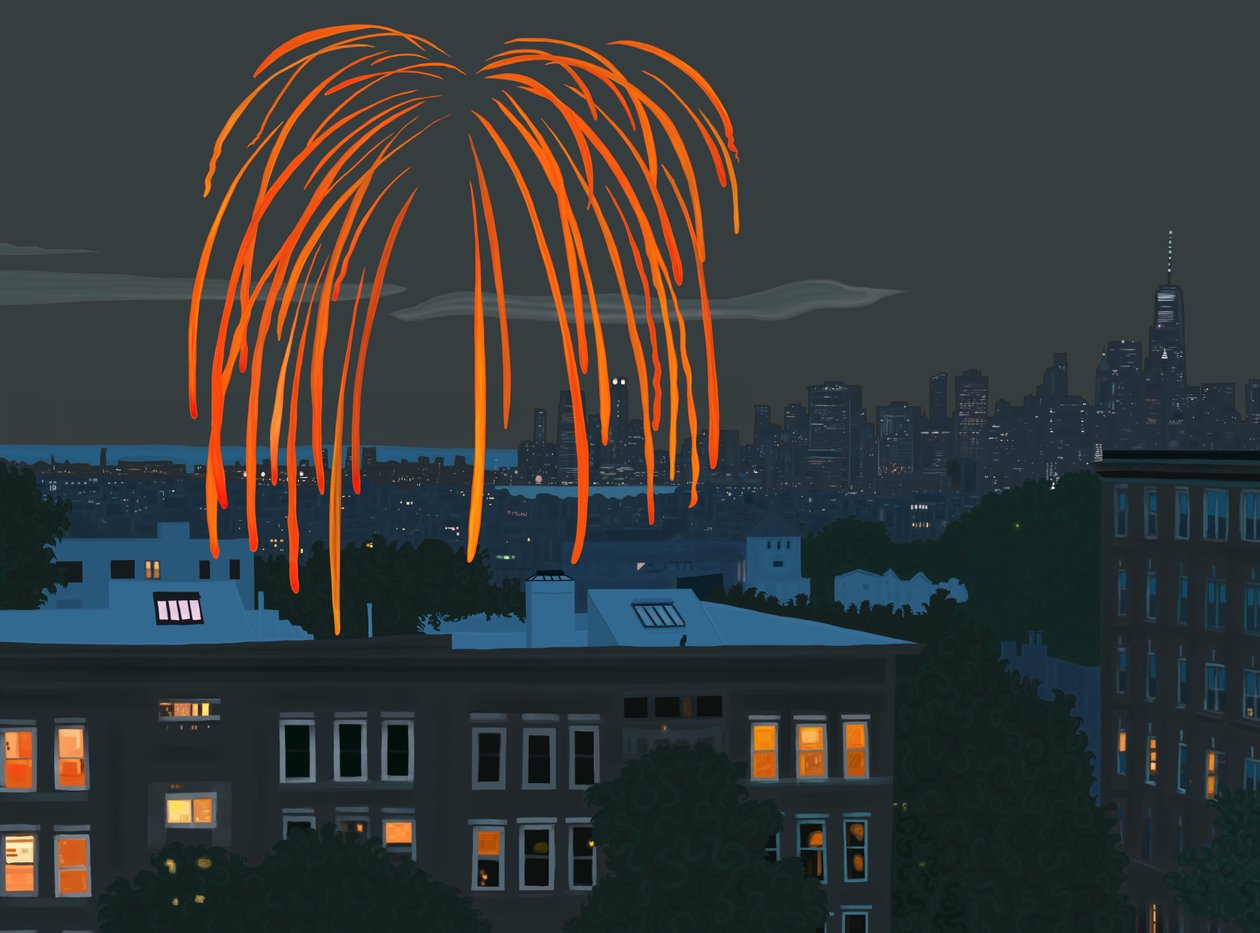 Widok na port i panoramę Nowego Jorku z fajerwerkami widzianymi z Brooklynu (grafika cyfrowa) autorstwa Evan Sklar