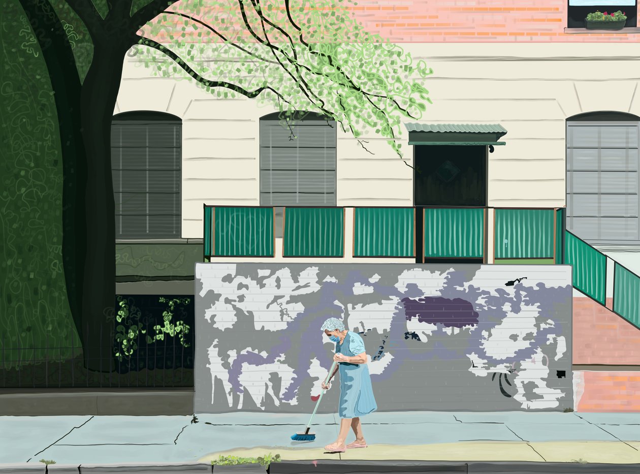 Kobieta zamiatająca chodnik, Brooklyn (grafika cyfrowa) autorstwa Evan Sklar